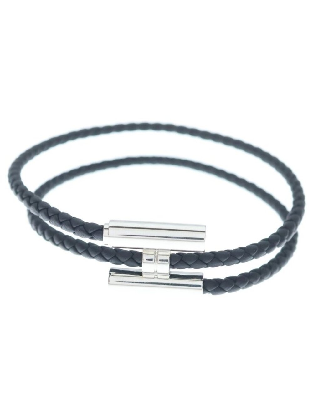 Hermes Tournis Tresse Leather Bracelet Black Silver